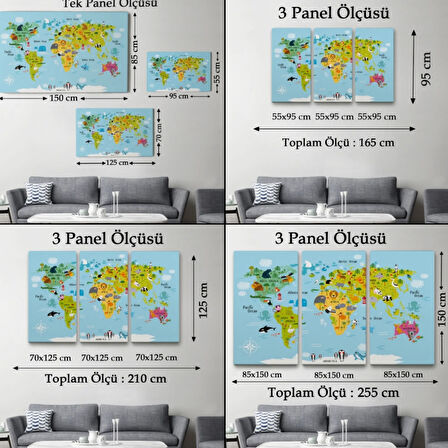 Hayvanlar Alemi Dünya Haritası Çocuk Odası Eğitici Dekoratif Kanvas Tablo, Duvar Dekoru 1007