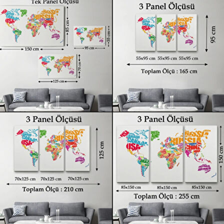 İngilizce Ülke İsimli Dünya Haritası Renkli Dekoratif Kanvas Tablo, Duvar Dekoru 1011