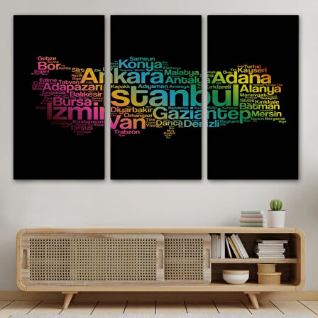 Siyah Zemin İller ve İlçeler Türkiye Haritası Renkli Dekoratif Kanvas Tablo, Duvar Dekoru 1016