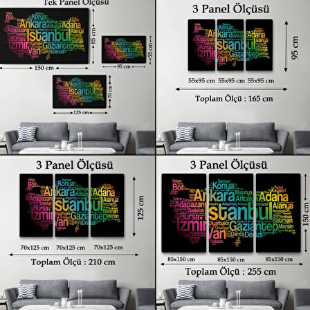 Siyah Zemin İller ve İlçeler Türkiye Haritası Renkli Dekoratif Kanvas Tablo, Duvar Dekoru 1016