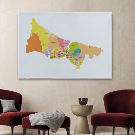 İstanbul İlçeleri Haritası Dekoratif Kanvas Tablo, Duvar Dekoru 1017