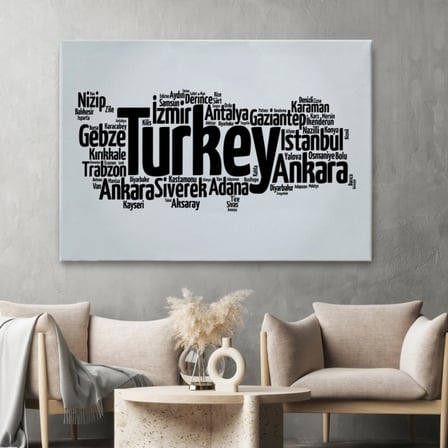 Siyah ve Beyaz İller İsimli Türkiye Haritası Dekoratif Kanvas Tablo, Duvar Dekoru 1018