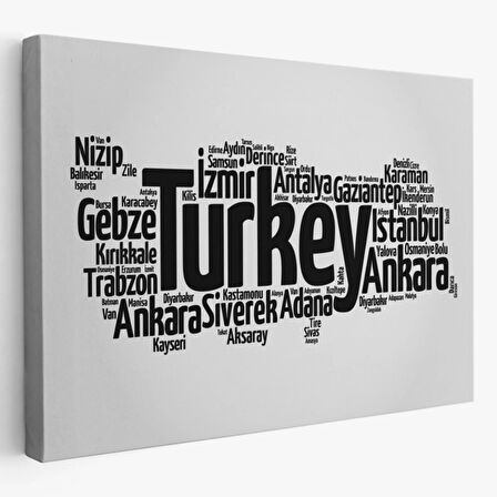 Siyah ve Beyaz İller İsimli Türkiye Haritası Dekoratif Kanvas Tablo, Duvar Dekoru 1018
