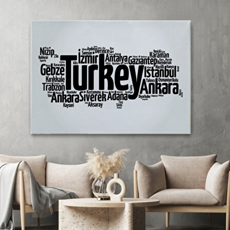 Siyah ve Beyaz İller İsimli Türkiye Haritası Dekoratif Kanvas Tablo, Duvar Dekoru 1018