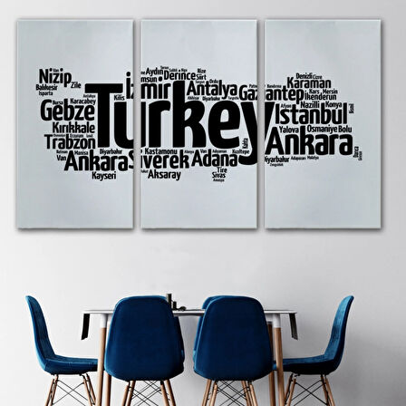 Siyah ve Beyaz İller İsimli Türkiye Haritası Dekoratif Kanvas Tablo, Duvar Dekoru 1018