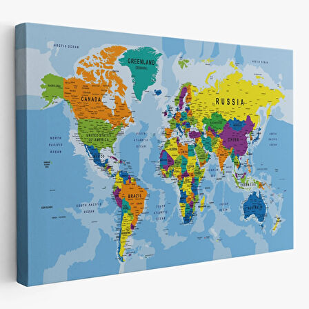 İngilizce Detaylı Dünya Haritası Renkli Dekoratif Kanvas Tablo, Duvar Dekoru 1019