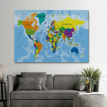 İngilizce Detaylı Dünya Haritası Renkli Dekoratif Kanvas Tablo, Duvar Dekoru 1019