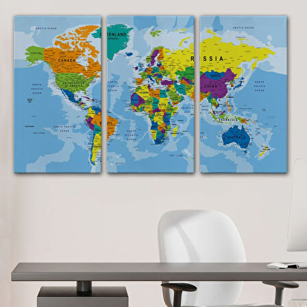 İngilizce Detaylı Dünya Haritası Renkli Dekoratif Kanvas Tablo, Duvar Dekoru 1019