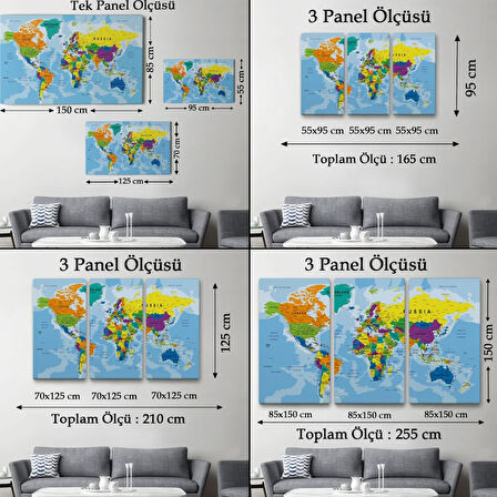 İngilizce Detaylı Dünya Haritası Renkli Dekoratif Kanvas Tablo, Duvar Dekoru 1019