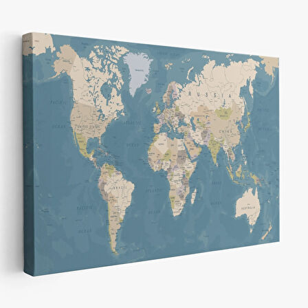 Mavi Ton İngilizce Dünya Haritası Dikdörtgen Dekoratif Kanvas Tablo, Duvar Dekoru 1040