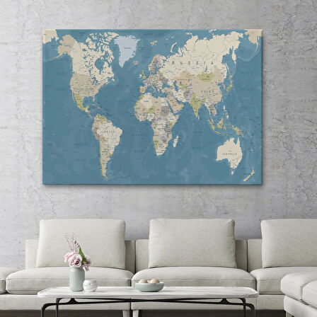 Mavi Ton İngilizce Dünya Haritası Dikdörtgen Dekoratif Kanvas Tablo, Duvar Dekoru 1040