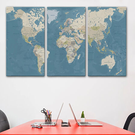 Mavi Ton İngilizce Dünya Haritası Dikdörtgen Dekoratif Kanvas Tablo, Duvar Dekoru 1040