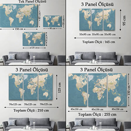 Mavi Ton İngilizce Dünya Haritası Dikdörtgen Dekoratif Kanvas Tablo, Duvar Dekoru 1040