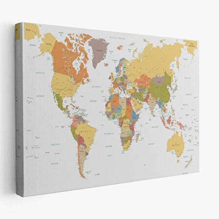 Beyaz Zemin İngilizce Detaylı Dünya Haritası Dekoratif Kanvas Tablo, Duvar Dekoru 1042