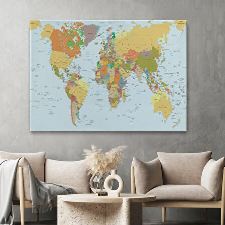 Beyaz Zemin İngilizce Detaylı Dünya Haritası Dekoratif Kanvas Tablo, Duvar Dekoru 1042