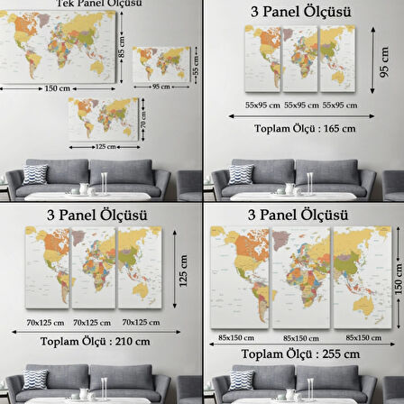Beyaz Zemin İngilizce Detaylı Dünya Haritası Dekoratif Kanvas Tablo, Duvar Dekoru 1042