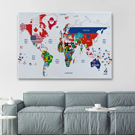 Bayrak Desenli Dünya Haritası İngilizce Dekoratif Kanvas Tablo, Duvar Dekoru 1043