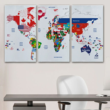 Bayrak Desenli Dünya Haritası İngilizce Dekoratif Kanvas Tablo, Duvar Dekoru 1043