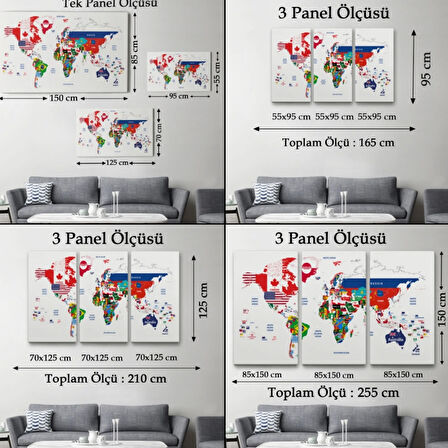 Bayrak Desenli Dünya Haritası İngilizce Dekoratif Kanvas Tablo, Duvar Dekoru 1043