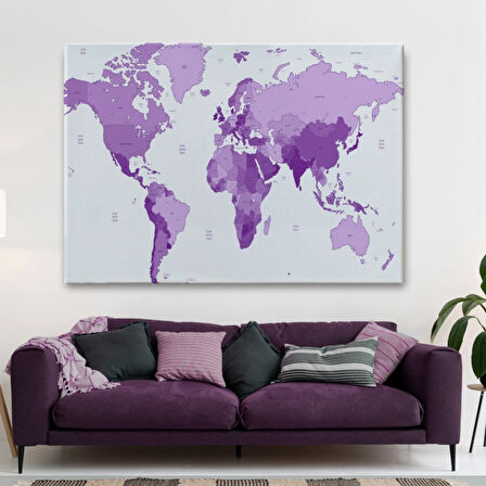 Mor Tonlar Dünya Haritası Dekoratif Kanvas Tablo, Duvar Dekoru 1044