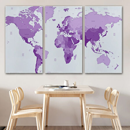 Mor Tonlar Dünya Haritası Dekoratif Kanvas Tablo, Duvar Dekoru 1044