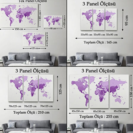 Mor Tonlar Dünya Haritası Dekoratif Kanvas Tablo, Duvar Dekoru 1044