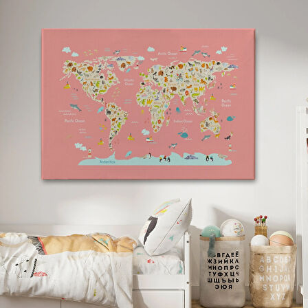 Pembe Zemin Hayvan Temalı Dünya Haritası Çocuk Odası Dekoratif Kanvas Tablo, Duvar Dekoru 1045