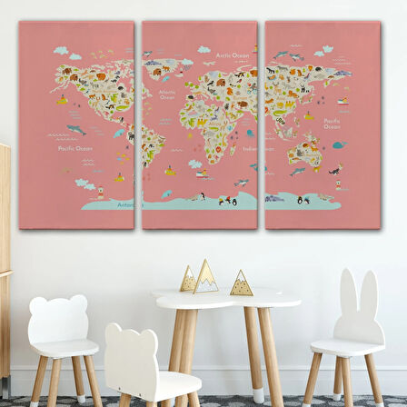 Pembe Zemin Hayvan Temalı Dünya Haritası Çocuk Odası Dekoratif Kanvas Tablo, Duvar Dekoru 1045