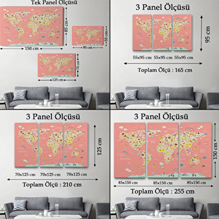 Pembe Zemin Hayvan Temalı Dünya Haritası Çocuk Odası Dekoratif Kanvas Tablo, Duvar Dekoru 1045
