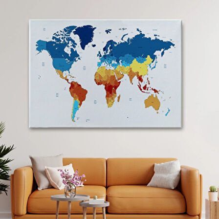 İngilizce Dünya Haritası Dekoratif Kanvas Tablo, Duvar Dekoru 1047