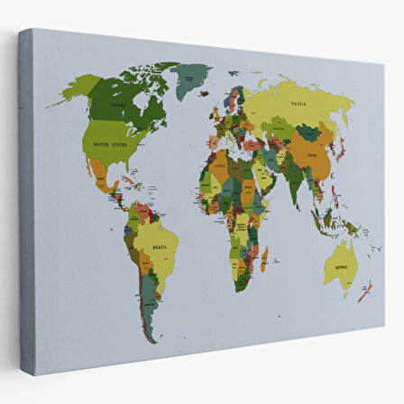 Yeşil Tonlar İngilizce Dünya Haritası Dekoratif Kanvas Tablo, Duvar Dekoru 1049