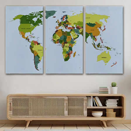 Yeşil Tonlar İngilizce Dünya Haritası Dekoratif Kanvas Tablo, Duvar Dekoru 1049