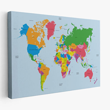 Beyaz Zemin İngilizce Dünya Haritası Renkli Dekoratif Kanvas Tablo, Duvar Dekoru 1050