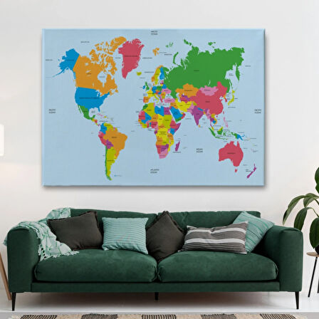 Beyaz Zemin İngilizce Dünya Haritası Renkli Dekoratif Kanvas Tablo, Duvar Dekoru 1050