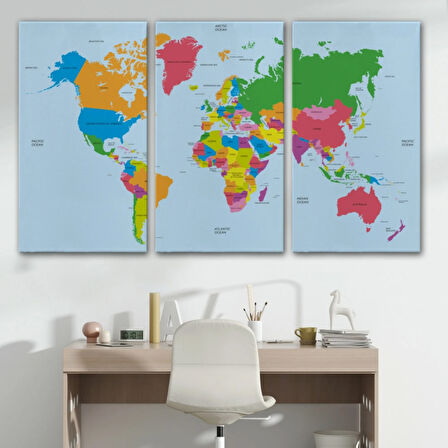 Beyaz Zemin İngilizce Dünya Haritası Renkli Dekoratif Kanvas Tablo, Duvar Dekoru 1050