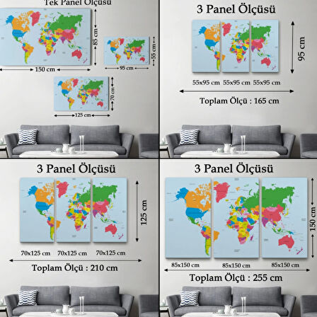 Beyaz Zemin İngilizce Dünya Haritası Renkli Dekoratif Kanvas Tablo, Duvar Dekoru 1050