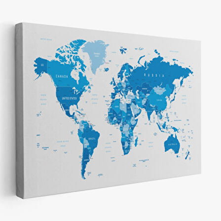 Mavi Tonlar İngilizce Dünya Haritası Dekoratif Kanvas Tablo, Duvar Dekoru 1051