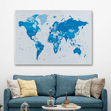 Mavi Tonlar İngilizce Dünya Haritası Dekoratif Kanvas Tablo, Duvar Dekoru 1051