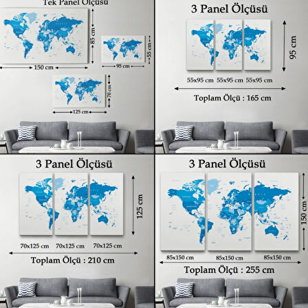 Mavi Tonlar İngilizce Dünya Haritası Dekoratif Kanvas Tablo, Duvar Dekoru 1051