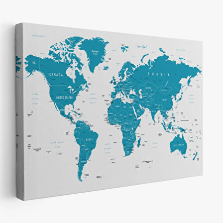 Mavi Tonlar İngilizce Dünya Haritası Dekoratif Kanvas Tablo, Duvar Dekoru 1052