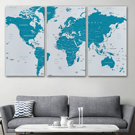 Mavi Tonlar İngilizce Dünya Haritası Dekoratif Kanvas Tablo, Duvar Dekoru 1052