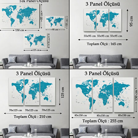 Mavi Tonlar İngilizce Dünya Haritası Dekoratif Kanvas Tablo, Duvar Dekoru 1052