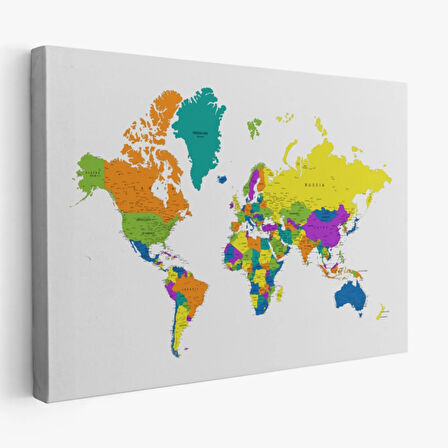 Beyaz Zemin İngilizce Dünya Haritası Renkli Dekoratif Kanvas Tablo, Duvar Dekoru 1054