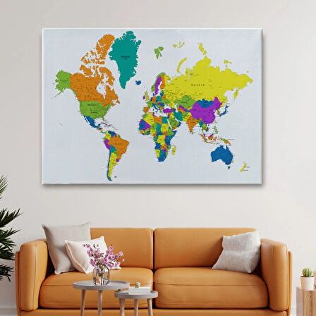 Beyaz Zemin İngilizce Dünya Haritası Renkli Dekoratif Kanvas Tablo, Duvar Dekoru 1054