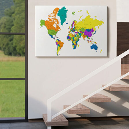 Beyaz Zemin İngilizce Dünya Haritası Renkli Dekoratif Kanvas Tablo, Duvar Dekoru 1054