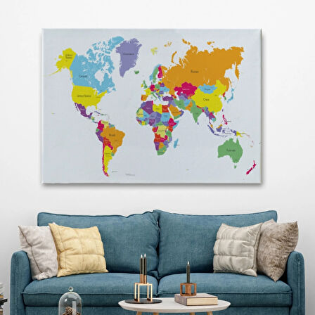 Beyaz Zemin İngilizce Dünya Haritası Renkli Dekoratif Kanvas Tablo, Duvar Dekoru 1055