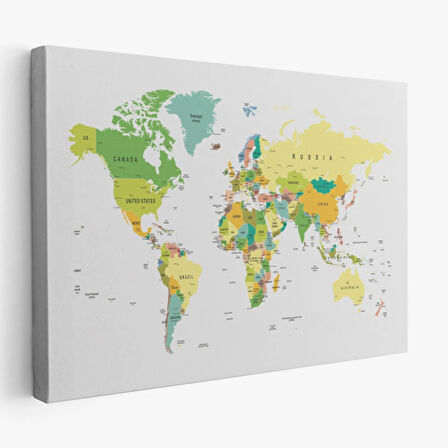 Beyaz Zemin İngilizce Dünya Haritası Renkli Dekoratif Kanvas Tablo, Duvar Dekoru 1056