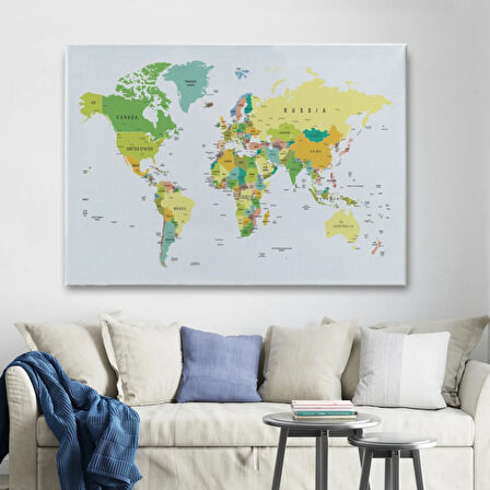 Beyaz Zemin İngilizce Dünya Haritası Renkli Dekoratif Kanvas Tablo, Duvar Dekoru 1056