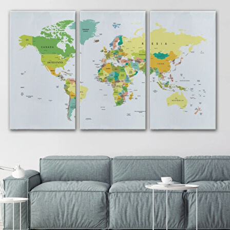 Beyaz Zemin İngilizce Dünya Haritası Renkli Dekoratif Kanvas Tablo, Duvar Dekoru 1056