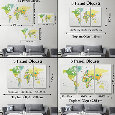 Beyaz Zemin İngilizce Dünya Haritası Renkli Dekoratif Kanvas Tablo, Duvar Dekoru 1056